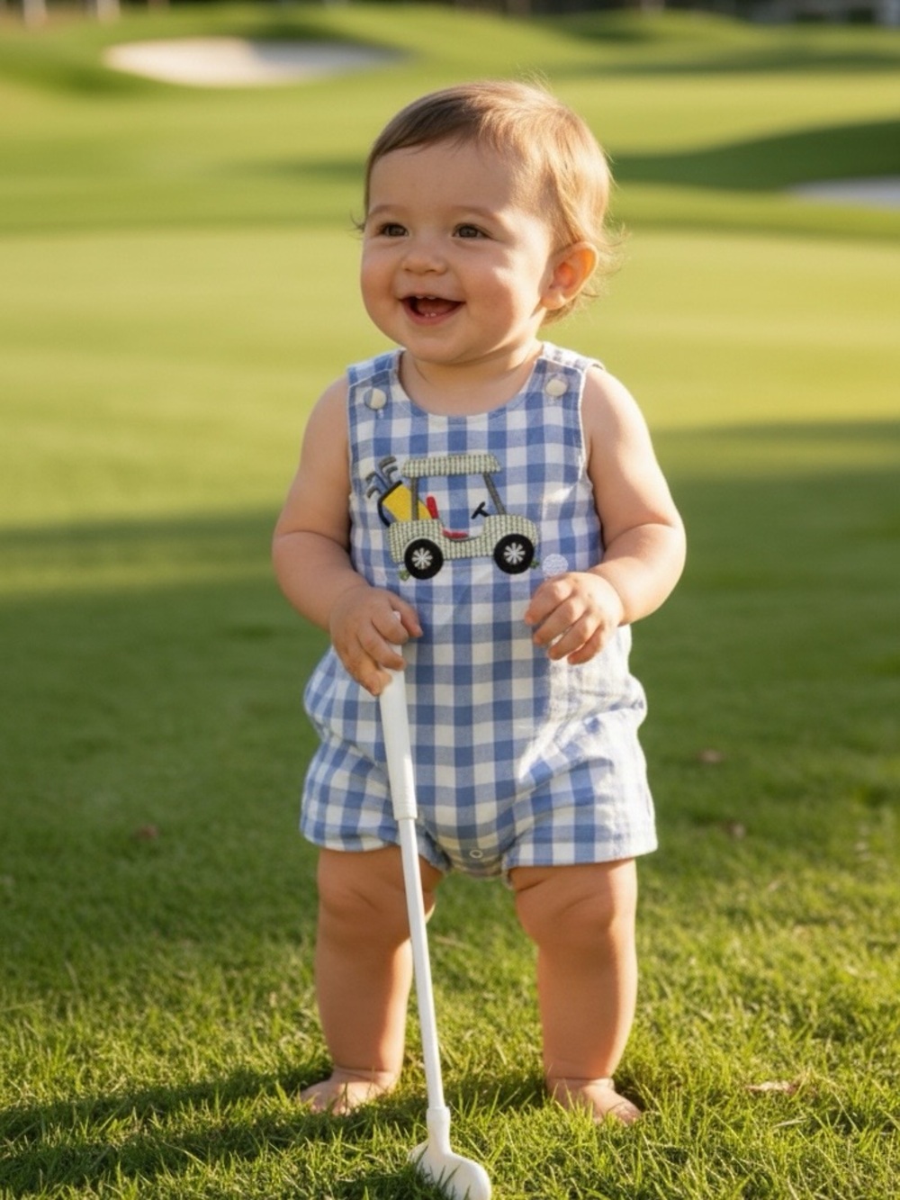 Mud Pie Blue & White Gingham Golf Cart Appliqué Romper-12-18 months